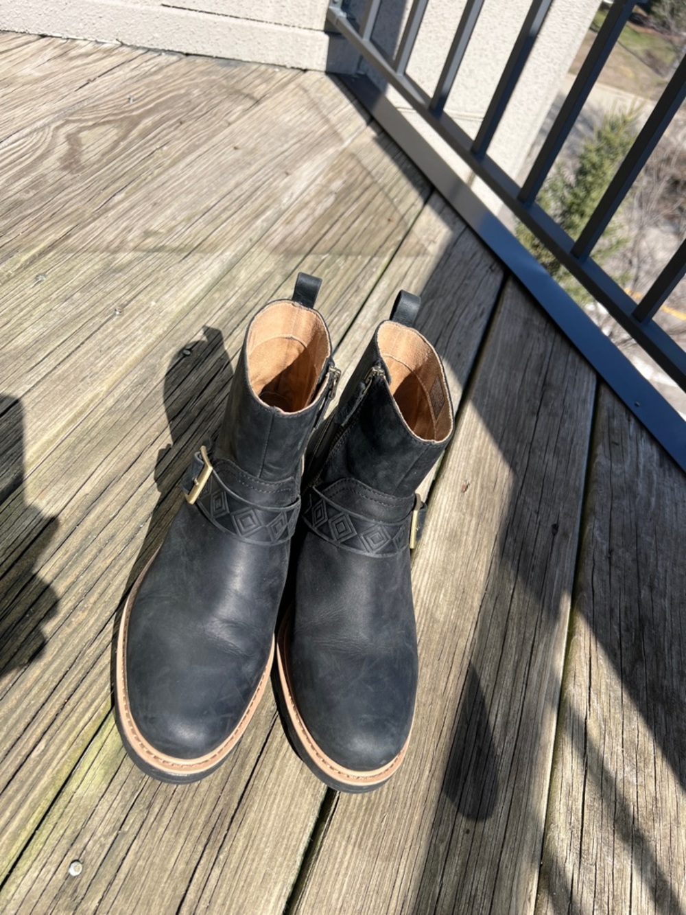 Teva Black Leather Heeled Ankle Boots with Tan Trim
